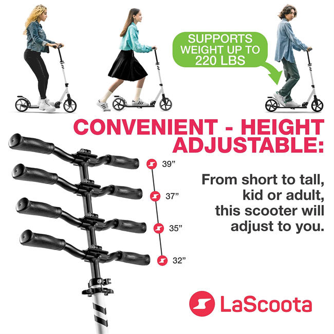 LaScoota Professional Scooter for Ages 6+, Teens & Adults I Lightweight & Big Sturdy Wheels for Kids, Teen and Adults. A Foldable Kick Scooter for Indoor & Outdoor Fun. Great Gift & Toy. Up to 220 lbs